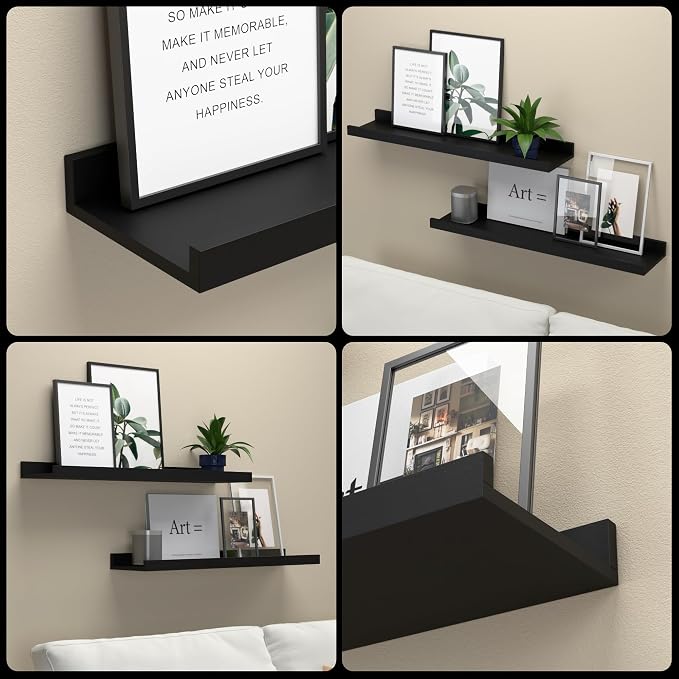 RICHER HOUSE 3-Set Floating Shelves with Lip, Black Small Wall Shelf, 16In | Display Picture Ledge Shelf, Anti-drop lip Shelf for Room Wall Decor, Bedroom Bathroom Storage Nursery Books, Easy Setup,Wood - Image 6
