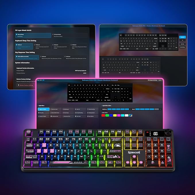 Redragon K526 PRO Wireless RGB Membrane Gaming Keyboard, LED Screen & Knob | See Battery, Mode & Time at a Glance, 0-Delay Tri-Mode, One-Touch Backlit & Media Adjust, 26-Key Anti-Ghost for Combo-Strike - Image 8