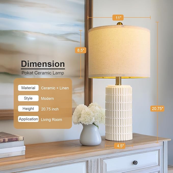 PoKat 20.75" Small Modern Ceramic Table Lamps Set of 2 for Bedroom, White Bedside Lamps for Night Stands, Farmhouse Desk Home Decor Gift Nightstand Table Lamps for Living Room End Table Beige - Image 3