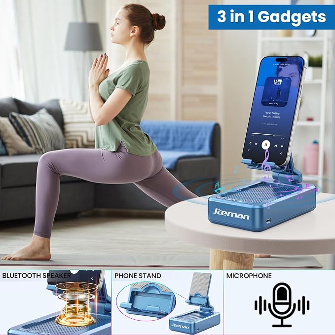 JTEMAN Cell Phone Stand with Bluetooth Speaker, HD Stereo Sound & Anti-Slip Base, Foldable Adjustable Desktop Phone Holder for Home Office, Cool Tech Gadgets Birthday Gifts for Men Women (Blue) - Image 3