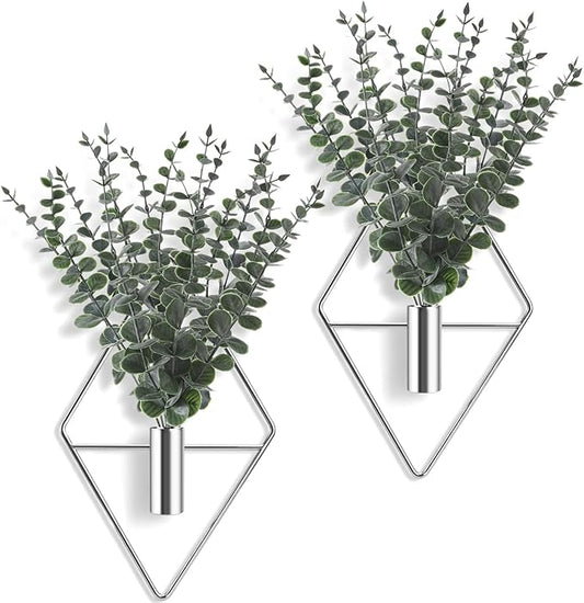 Jexine 8 Pcs Hanging Planters with Artificial Eucalyptus Metal Hanging Vase Indoor Plants Holder Modern Geometric Boho Bathroom Wall Decor for Living Room Home Office (Eucalyptus,Silver) by Jexine