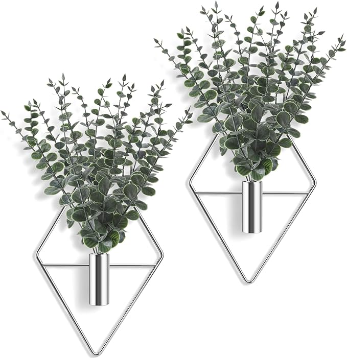 Jexine 4 Pcs Hanging Planters with Artificial Eucalyptus Metal Hanging Vase Indoor Plants Holder Modern Geometric Boho Bathroom Wall Decor for Living Room Home Office (Eucalyptus,Silver) by Jexine