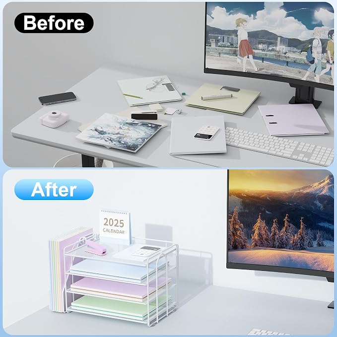 Spacrea Desk Organizers and Accessories, Paper Organizer for Desk with File organizer, Desk Accessories & Workspace Organizers for Office Supplies (White) - Image 2