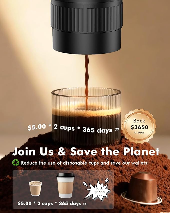 All in 1 Portable Electric Espresso Machine & Coffee Grinder & Milk Frother | Mini Compact Travel Coffee Maker Set for Ground Coffee & NS Capsules，Ideal for Camping, Car, RV, Hiking, Office, Home, Gift - Image 8