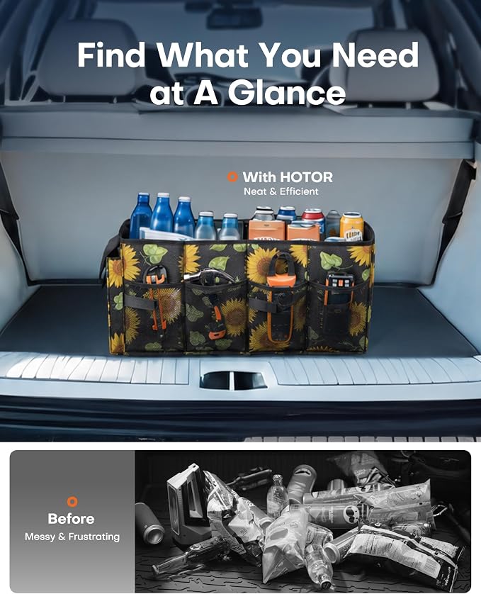 HOTOR Trunk Organizer - Car Organizer, Foldable Trunk organizer for SUVs & Sedans, Sturdy Car Organization for Car Accessories, Tools, Sundries, Sunflower, 2 Compartments, 21.3"×12.6"×10.6" - Image 6