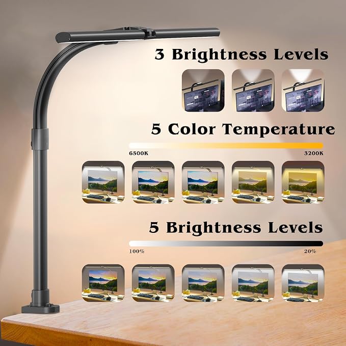 AKRRYR Led Desk Lamp for Home Office,24W Bright Eye-Caring Desk Light with Clamp,5 brightness and 5 temperatures Dimmable Workbench Task Light, Adjustable Gooseneck Table Lamp for Monitor Study(black) - Image 2