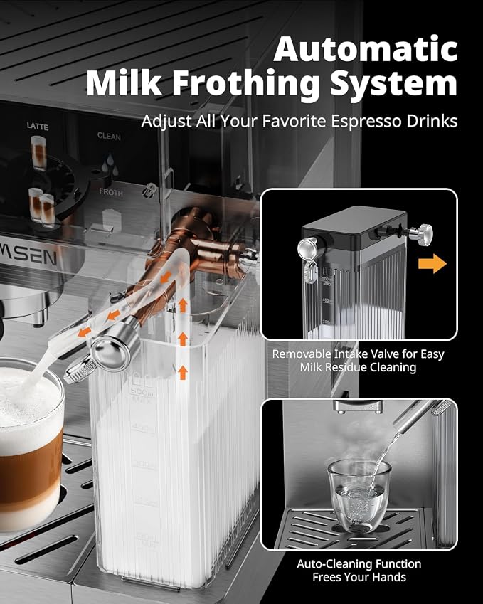AIRMSEN 20 Bar Espresso Machine with Automatic Milk Frother, Cappuccino & Latte Coffee Maker with Quick Brew Dual Boiler (1350W + 1000W), Stainless Steel, 60oz Water Tank, Touchscreen - Image 4