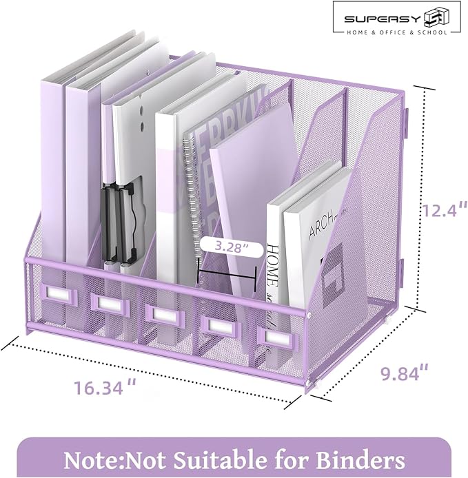SUPEASY Desk Organizers Metal Desk Magazine File Holder with 5 Vertical Compartments Rack File Organizer for Office Desktop, Classroom, Home Workspace, Purple - Image 3