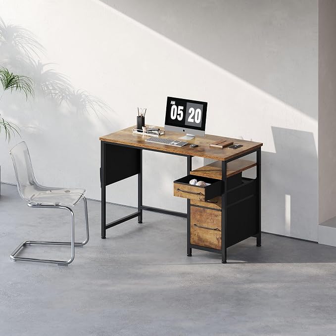 Maihail Small Desk with Drawers, Office Desk with Storage Shelves, Brown2 | 40 Inch Desktop, Metal Frame, 3 Fabric Drawers, Storage Shelves, Computer & Writing Desk, Office Gaming Workstation - Image 2
