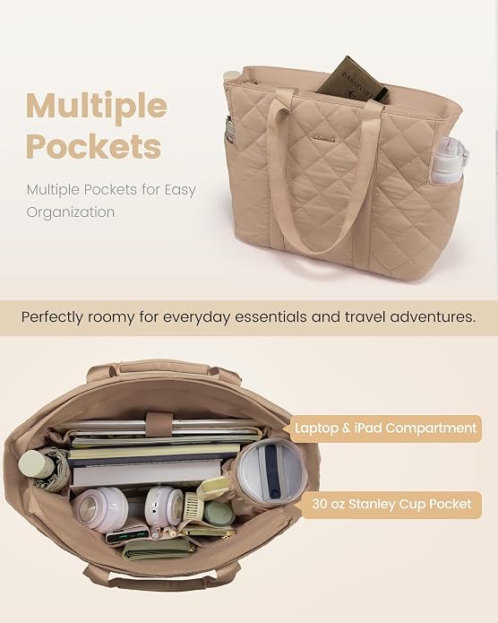 LOVEVOOK Tote Bag for Women,Light Puffer Tote Bag with Multi-pockets,Stylish Carry on Laptop Bags for Daily,Travel,Work,Gym - Image 3