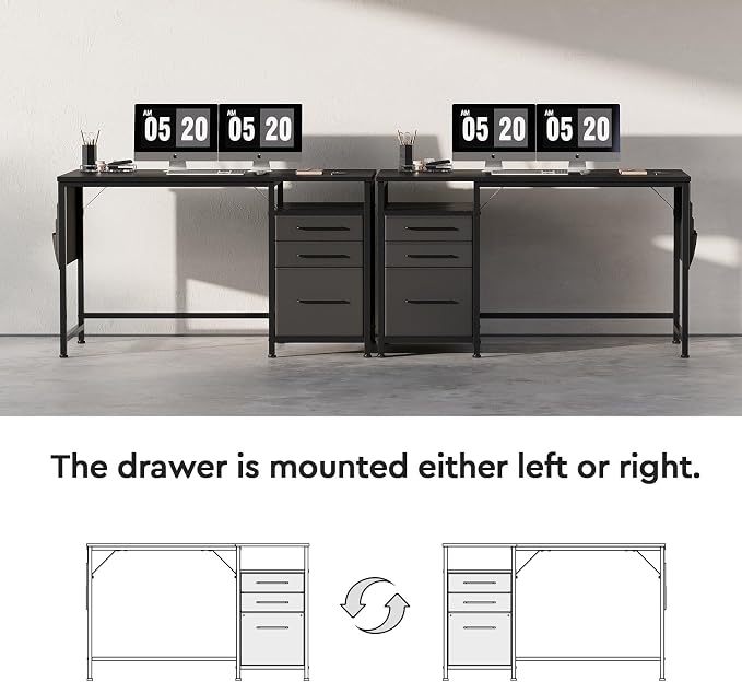 Maihail Small Desk with Drawers, Office Desk with Storage Shelves, Black | 47 Inch Desktop, Metal Frame, 3 Fabric Drawers, Storage Shelves, Computer & Writing Desk, Office Gaming Workstation - Image 6