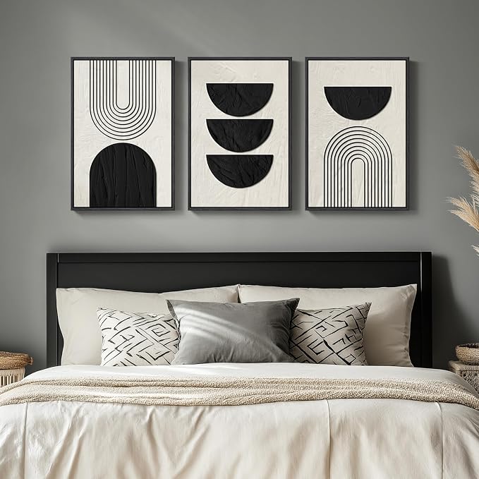 Framed Boho Black and White Abstract Wall Art, 3 Piece Modern Beige Canvas Prints Paintings Artwork for Walls, Black Geometric Pictures for Living Room Bedroom Hallway Office Wall Decor 16x24 In - Image 5