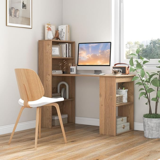 Giantex 48 Inch Computer Desk with Bookshelf, 3-in-1 Home Office Desk with 4-Tier Bookcase & CPU Stand, Space-Saving Reversible Writing Desk Work Table for Bedroom, Study Room, Office (Natural) - Image 2