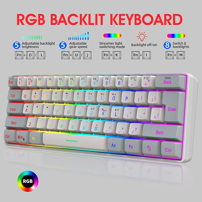 Snpurdiri 60% Wired Gaming Keyboard, 61 Keys RGB (Grey-White) | Backlit Small Gaming Keyboard for PC/Mac Gamer, Typist, Travel, Easy to Carry on Business Trip - Image 2