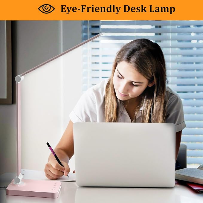 LED Desk Lamp with USB Ports,Touch Desk Lamps for Home Office with 5 Modes | 3 Brightness Desk Light with Small Night Light,Reading Lamp Table Lamp for Bedroom Bedside Study Pink （with adapter） - Image 5