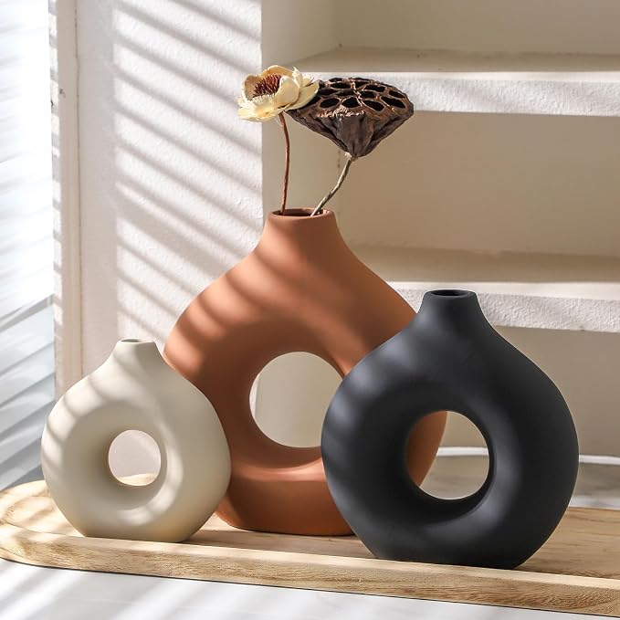 Vanselia Ceramic Vase Home Table Decor - Flower Vases Set of 3 Small Living Room Centerpiece Decorations for Shelf Bedroom Office Kitchen Dining Desk Modern Aesthetic Farmhouse Decorative (Rust) - Image 8