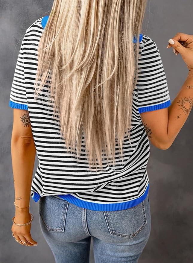 Dokotoo Womens Tops 2026 Casual Summer Crewneck Short Sleeve Striped Color Block Knit High Low Trendy Pullover Sweaters - Image 2