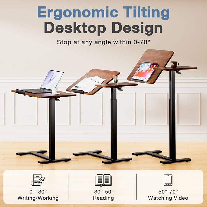 Adjustable Standing Desk Rolling Laptop Table with Wheels, Brown | Tiltable Desktop Design for Comfortable Work, Reading and Study Spaces - Image 4
