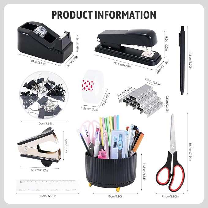 Gawsey Black Desk Organizers and Accessories with Desk Organizer 360° Rotating Pen Holder and Office Supplies, Cute Stationery Supplies Set - Image 2
