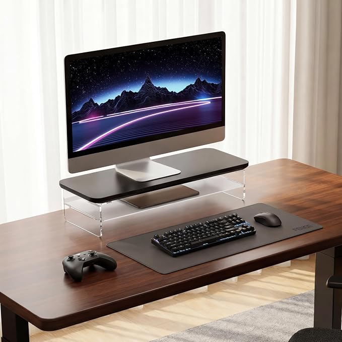 Fenge 23.6" Monitor Stand with Clear Acrylic Legs, Black | Clear acrylic, storage compartment, 2-tier home office monitor riser, wide large desktop shelf fit monitor/laptop/printer - Image 2