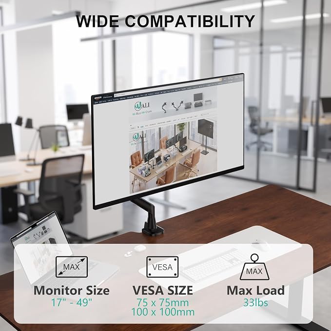 WALI Heavy Duty Single Monitor Arm for 17-49 Inch Flat Curved Ultrawide Screens, up to 33 Lbs, Adjustable Single Monitor Desk Mount for Home Office Gaming, VESA 75/100mm (GSM001XLN), Black - Image 2