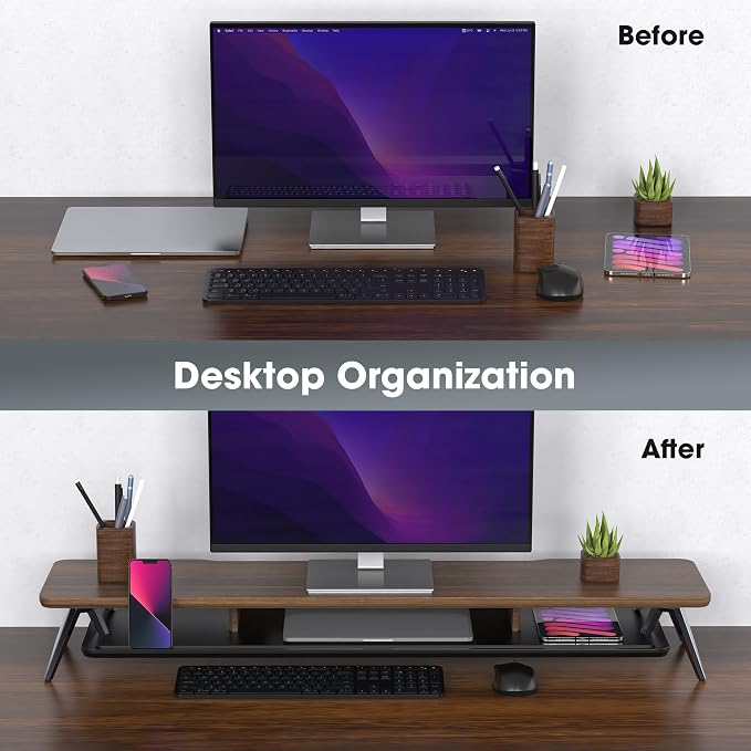 Fenge Dual Monitor Stand, Monitor Stands Riser for 2 monitors, 42.5 Inch Wood Desk Shelf with Storage Organizer and Cable Management for Office Desk Accessories - Image 8