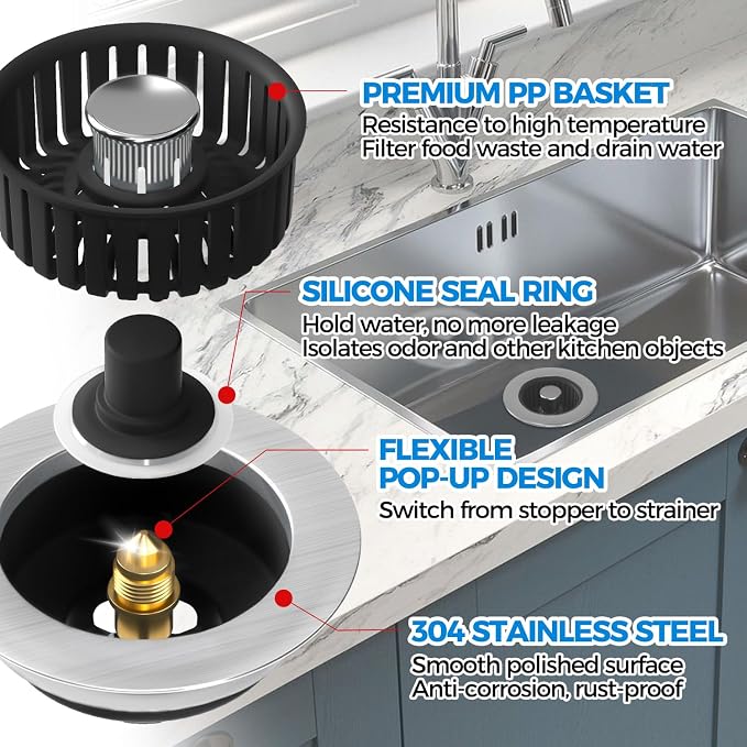 zaa 3 in 1 Kitchen Sink Drain Strainer Stopper Removable Basket Pop-Up | Kitchen Sink Accessories 1 Pack Black Stainless - Food Catcher, Odor-Blocking Seal, Fits 3.5" Drain, Easy Clean - Image 5