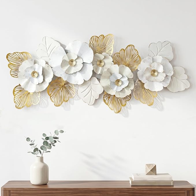 Axioglo 59" Large Wall Decor,3D Floral Metal Wall Art for Living Room | 59" x 27" metal wall decor with layered metal texture, mounting hardware, two-way display by Axioglo