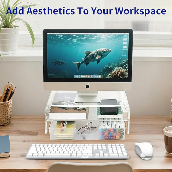 OPNICE Acrylic Clear Desk Organizers and Accessories, 2-Tier Computer Monitor Stand Riser with Drawer, Laptop Stand, Office Desk Accessories for Office Supplies, Transparent - Image 6