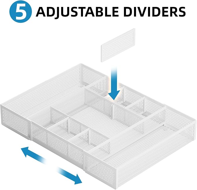 Marbrasse Expandable Desk Drawer Organizer, Mesh Drawer Organizer Tray with 10 Adjustable Compartments, Desk Organizers and Accessories, 5 Dividers Drawer for Office Supplies, Makeup & Vanity (White) - Image 3