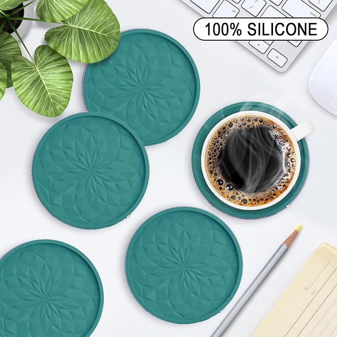 ME.FAN Silicone Coasters with Holder,[6 Pack] Drinking Coasters - Cup Mat for Hot or Cold Drinks, Thickened, Non-Slip, Non-stick,Deep Tray Teal Blue - Image 2