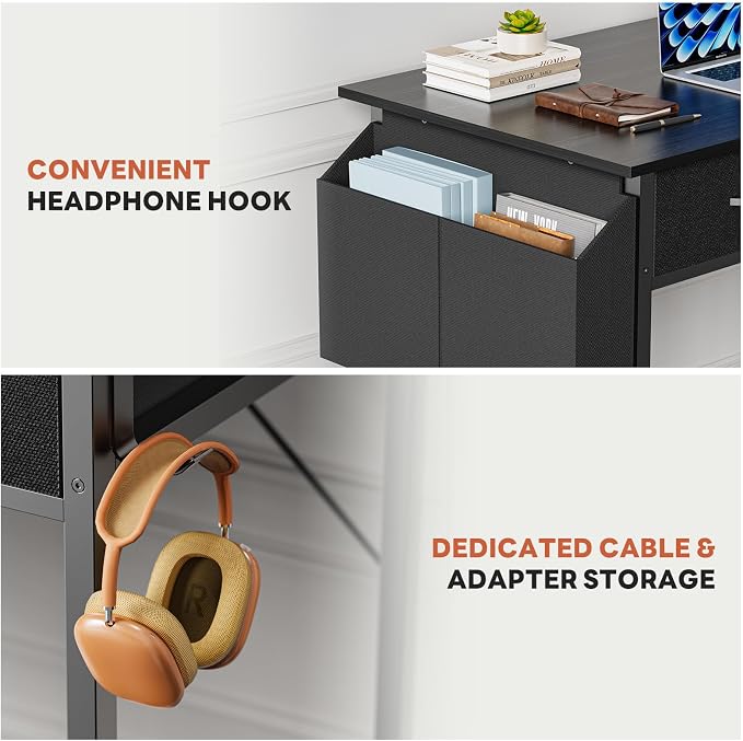 DUMOS 32" Home Office Computer Desk with Drawers, Small Gaming Writing Study Table with Storage Side Bag, Headphone Hook and Adjustable Feet for Bedroom Black | Home Office Desk for Bedroom, Gaming Writing Study Desk with Adjustable Feet - Image 7