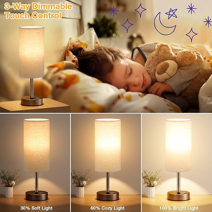 Dicoool Bedside Table Lamp for Bedroom - 3-Way Dimmable Touch Lamp, USB A+C | LED Bulb Included, 14" Small Nightstand Lamp for Desk, Living Room, Guest Room, Beige Fabric Lampshade, Brown Metal Base - Image 3