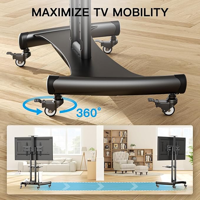 PERLESMITH Rolling TV Stand with Wheels for 32-85 Inch LCD LED 4K Flat Screen TVs, Tilt Mobile TV Cart with Shelf Holds Up to 100 lbs, Height Adjustable Floor TV Stand Max VESA 600x400mm- PSTVMC05 - Image 4