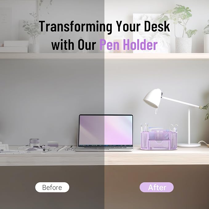 Mesh Desk Organizer with Drawer, 9-Compartment Pen Holder for Desk, Purple | Pull-Out Drawer Stores Pens, Pencils, Clips, Notes, and Small Office or School Supplies in One Compact Desk Caddy - Image 4