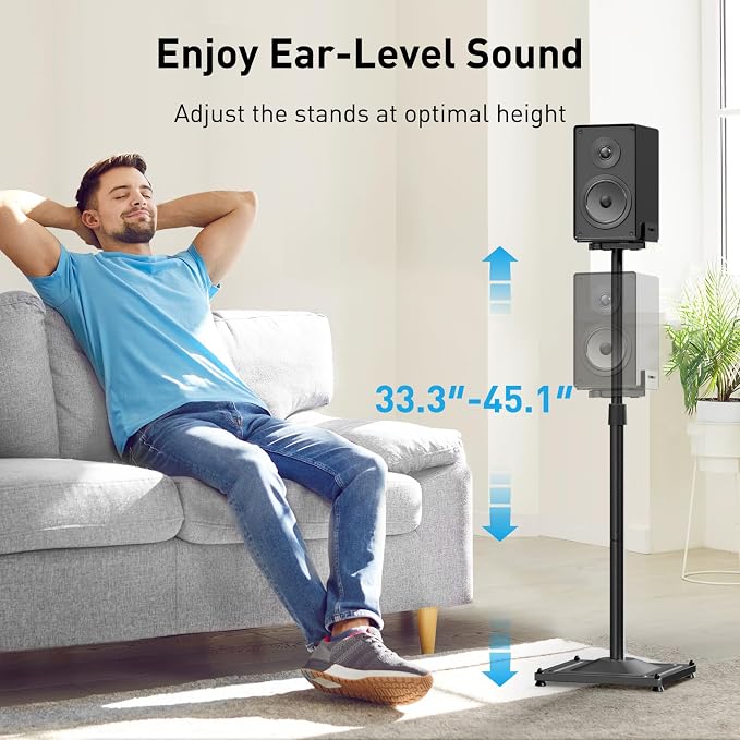 PERLESMITH Universal Speaker Stands for Surround Sound -Height Adjustable Extend 33.3”to 45.1”, Floor Speaker Stand for Satellite & Studio & Bookshelf Speakers up to 11LBS,1 Pair Black, PSSS2 - Image 2