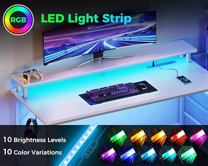 AODK 52 Inch Gaming Desk with USB Charging Ports & LED Light- Reversible Computer Desk with Storage Shelves & Monitor Stand, Modern Gamer Desk Table with Fabric Drawers, White - Image 5