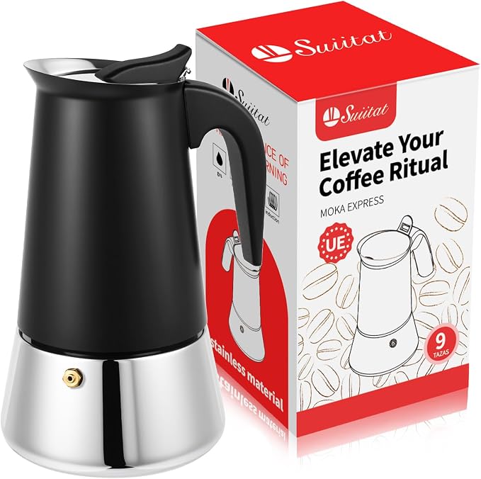9 Cup Stainless Steel Moka Pot, 450ml Stovetop Espresso Maker, Black by Suiitat