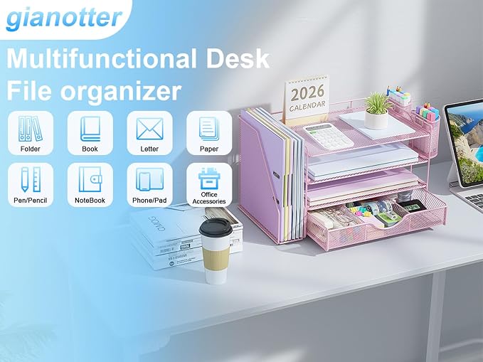 gianotter Desk Organizers and Accessories with File Holder, 4-Tier Desk Accessories & Workspace Organizers with Drawer and 2 Pen Holder, Paper Organizer for Office Supplies (Pink) - Image 3