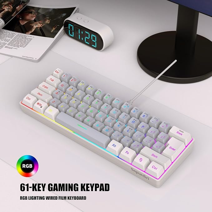 Snpurdiri 60% Wired Gaming Keyboard, 61 Keys RGB (White-Grey) | Small Ultra-Compact Backlit 60 Percent Gaming Keyboard for PC/Mac Gamer, Typist, Travel, Easy to Carry on Business Trip - Image 6