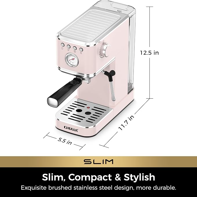 CHULUX Slim Espresso Machine with Milk Frother for Home Cappuccino, Pink | Precise Pressure Gauge, Food-Grade Materials, 20 Bar Italian Pump, Professional Temperature Control System, Stainless Steel - Image 8