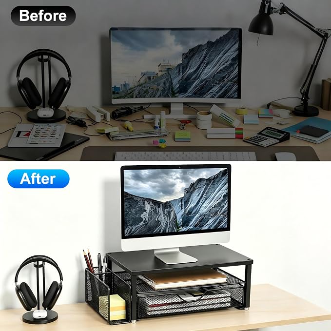 Spacrea Desk Organizer and Accessories, Computer Monitor Stand Riser with Drawer and 1 Open Pen Holder, Printer & Laptop Stand, Office Desk Accessories for Home Office Supplies (Black) - Image 2