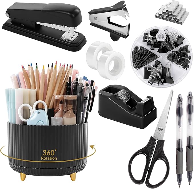 SKYDUE Black Office Supplies, Black Office Desk Accessories 10PCS, Pencil Holder for Desk, Stapler, Tape Dispenser, Scissors, Ruler, Clips and 1000pcs Staples, Desk Supplies Set by SKYDUE