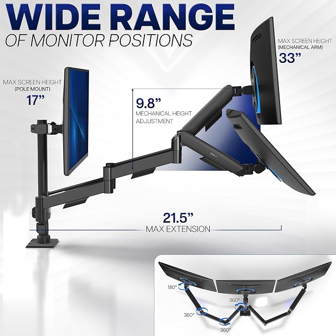 VIVO Triple Monitor Stand, Fully Adjustable Arms for 17 to 27 inch Screens, Mechanical Articulating Desk Mount, Gaming and Office Setups, VESA 75x75, 100x100, Max 19.8 lbs, Classic, Black, STAND-V003O - Image 4