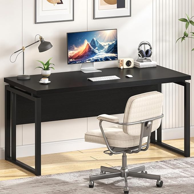 EXCEFUR Black Desk for Home Office, Modern Computer Desk, Wood and Metal Writing Study Table for Workstations, Living Room, Bedroom, 53 Inch by EXCEFUR
