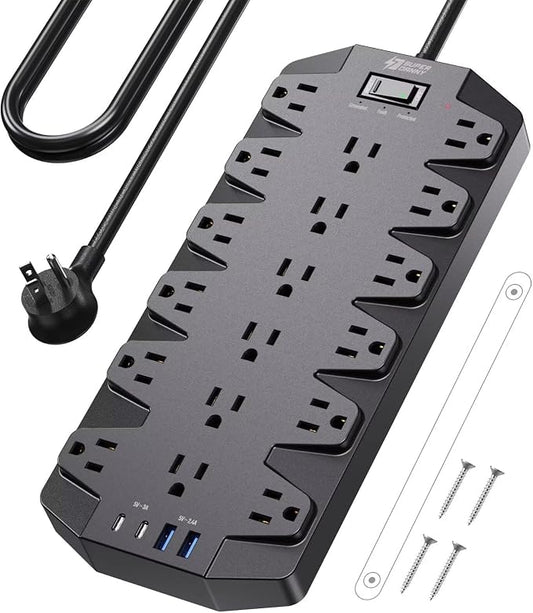Surge Protector Power Strip, SUPERDANNY 18 AC Outlets with 4 USB Ports, 1875W/15A, 2100J, 6.5FT Flat Plug Heavy Duty Extension Cord with Wall Mount Holes for Home, Office, Gaming Room,Dorm, Black by SUPERDANNY
