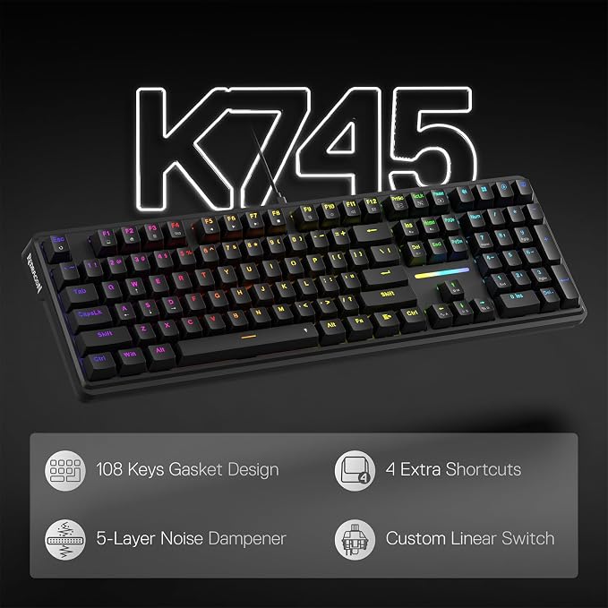 Redragon K745 Wired 108-Key Gasket RGB Gaming Keyboard, 4 Extra Hotkeys | Dedicated Shortcut Keys for Mute, Calc & Desktop, Cushioned 5-Layer Dampening for Creamy Thocky Sound, Programmable Software - Image 2