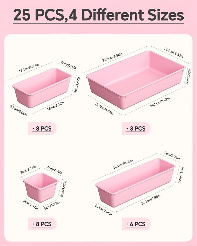 KEMETHY 25 PCS Plastic Drawer Organizers Set, 4 Sizes Vanity Organizer | Makeup and Desk Drawer Organizer Trays, Organization and Storage for Makeup, Bathroom, Kitchen Utensils and Office (Pink) - Image 2