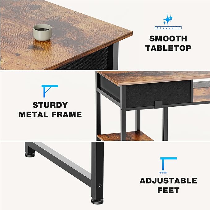 OLIXIS Gaming Desk, Computer Desk with Storage, Fabric Drawers, 48 Inch | Home Office for Small Space Bedroom, Study Work Writing PC Table, Compact Rooms, Brown - Image 6