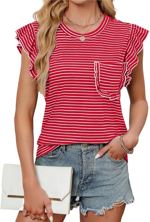 JUSTFASHIONNOW Womens Summer Tops Striped T-Shirts 2026 Ruffle Short Sleeve Crew Neck Casual Blouses with Pocket - Image 4